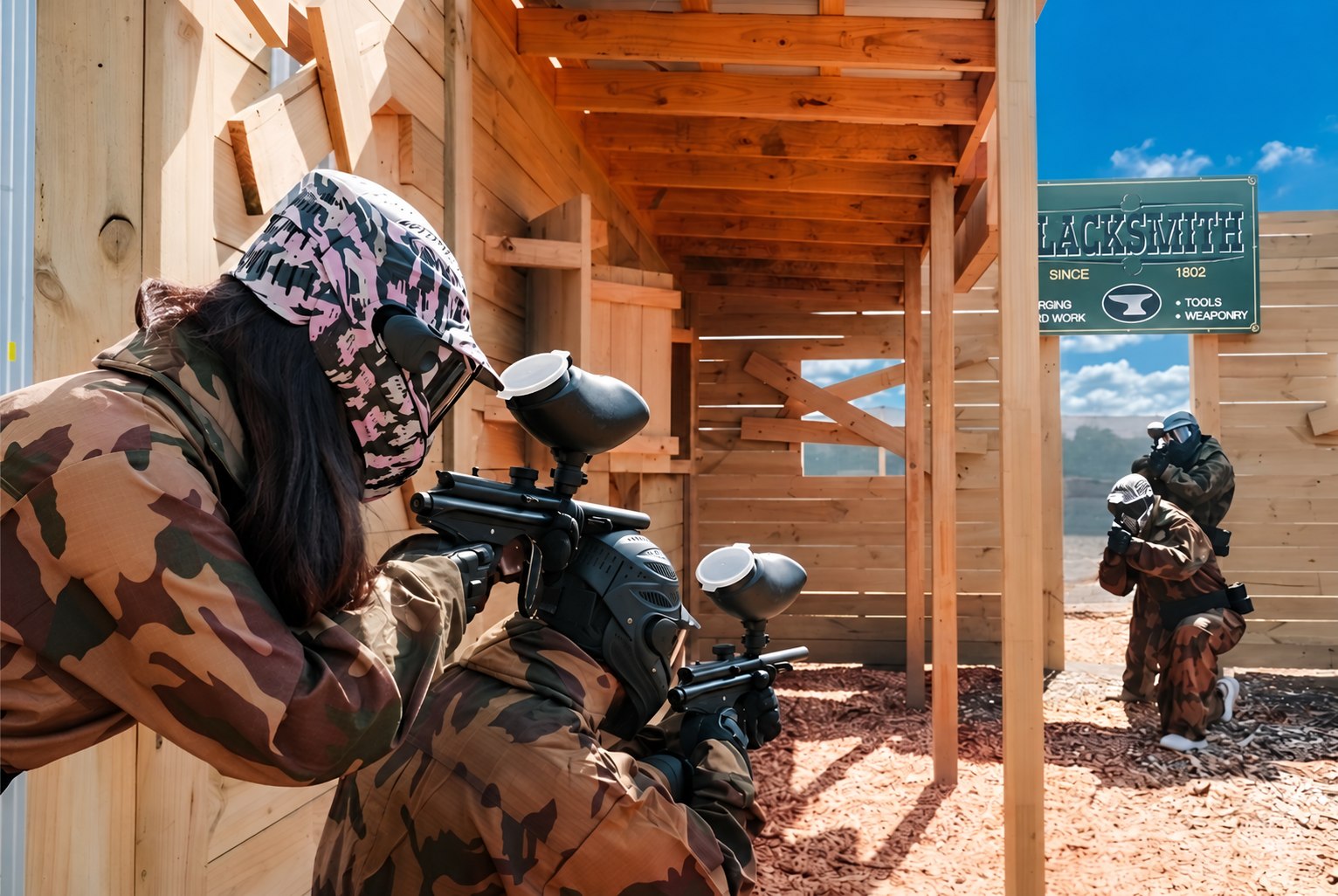 Paintball players moving through a bright timber game zone