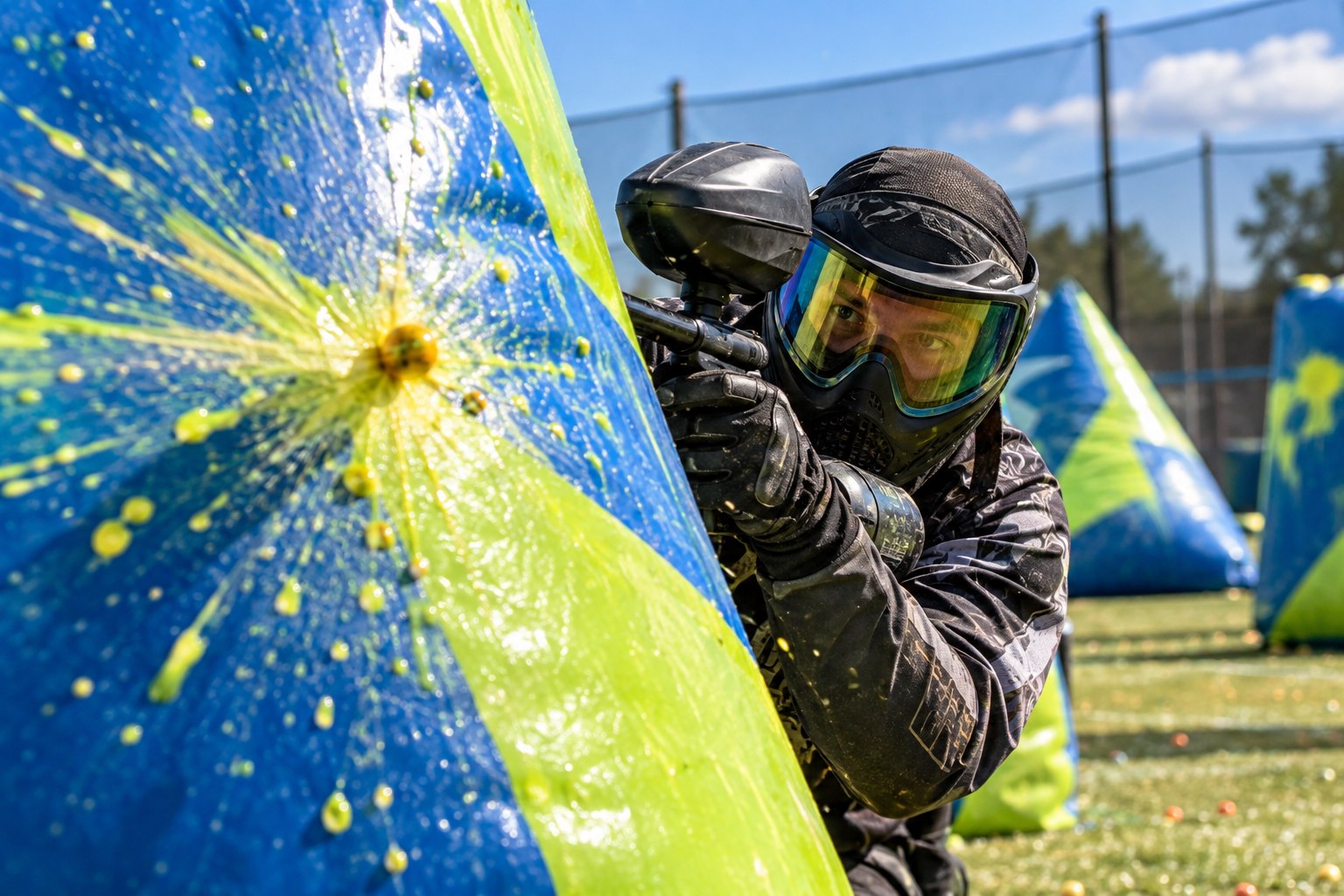 Paintball player taking aim beside a vivid blue and lime field barricade